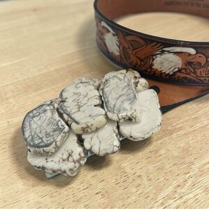 Genuine tooled leather Belt White Howlite Magnesite embellished with eagles boho